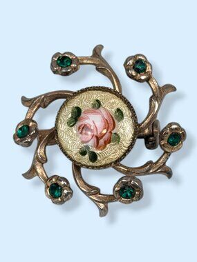V. Green Rhinestone Floral Cloisonne Brooch